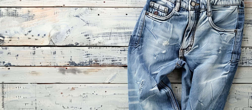 Poster denim pants displayed on a bleached wood surface with copy space image