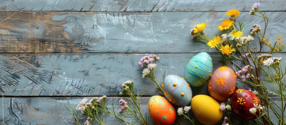 Poster Happy Easter A charming composition of naturally dyed colorful eggs and spring flowers on a rustic table displayed in a flat lay with copy space image