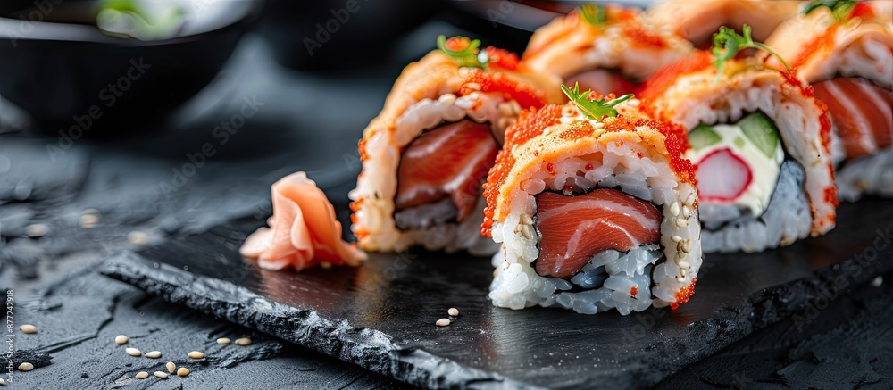 Aufkleber A delicious sushi roll featuring warm breaded salmon eel rice cucumber cream cheese and pepper elegantly displayed on a black stone with copy space image