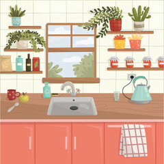 Modern kitchen interior with window, furniture, dishes and flowers. Flat style design.