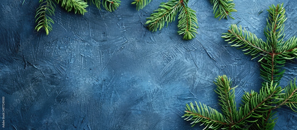 Poster Christmas themed background with green fir branches on a textured blue surface ideal for adding text copy space image