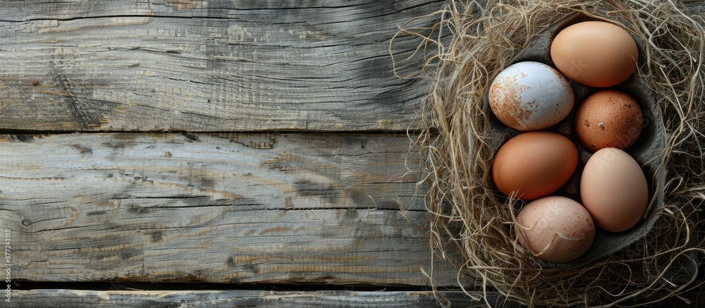 Leinwandbilder eggs displayed with copy space image on rustic wooden background