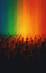 Obraz premium silhouettes of people standing in front of a colorful rainbow light.