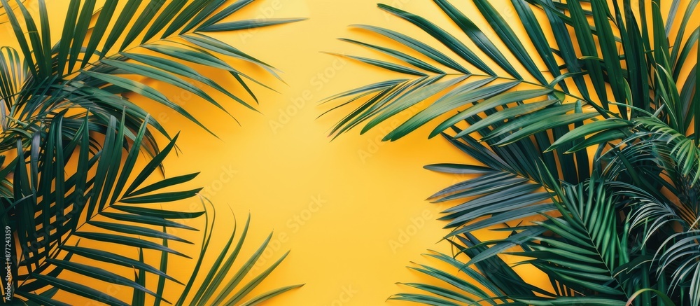 Leinwandbilder A vibrant flat lay scene featuring lush tropical palm leaves on a sunny yellow backdrop ideal for adding your text or design to the copy space image