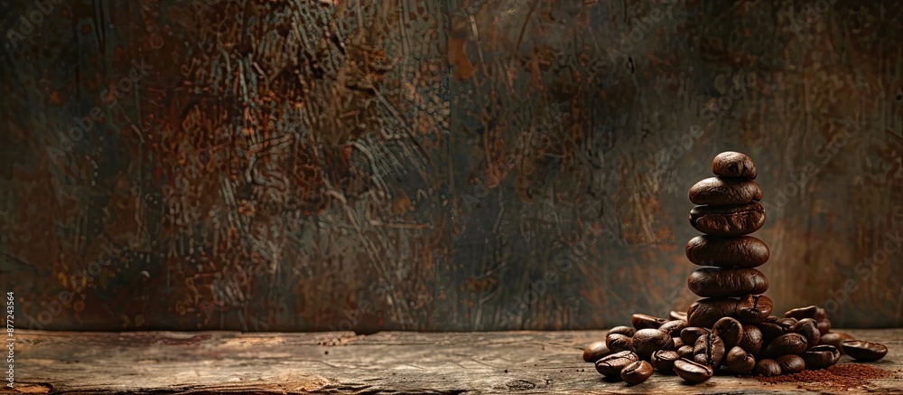Leinwandbilder A warm and cozy setting displaying stacked coffee beans on a wooden surface contrasted against a dark backdrop leaving room for text or other elements in the image. with copy space image