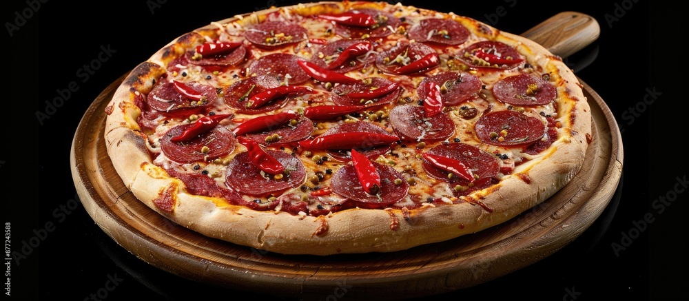 Aufkleber an authentic italian dish featuring a pepperoni pizza garnished with salami slices and red chili pep