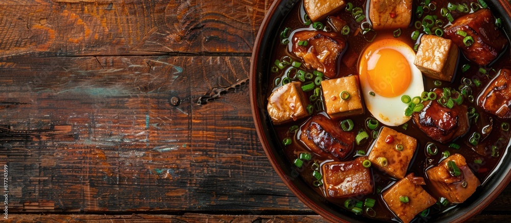 Poster asian cuisine with a close up of egg pork and tofu in sweet brown sauce displayed from a top view id