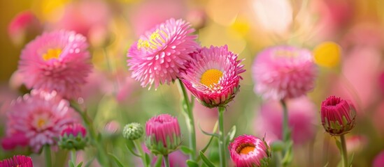 Fototapeta premium Australian Rhodanthe Asteraceae known as pink paper daisies creates a spring backdrop with Australian everlasting daisies and strawflowers in a copy space image