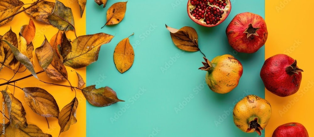 Poster Autumn themed border arrangement with pomegranates dry leaves on a yellow green backdrop Creative flat lay top view with a copy space image