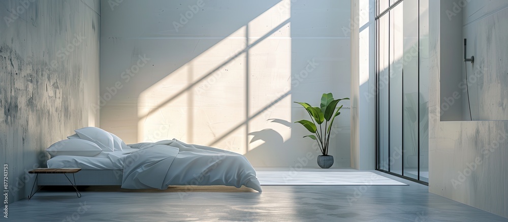 Poster empty bedroom showing private bathroom inside no occupants ideal for guests copy space image