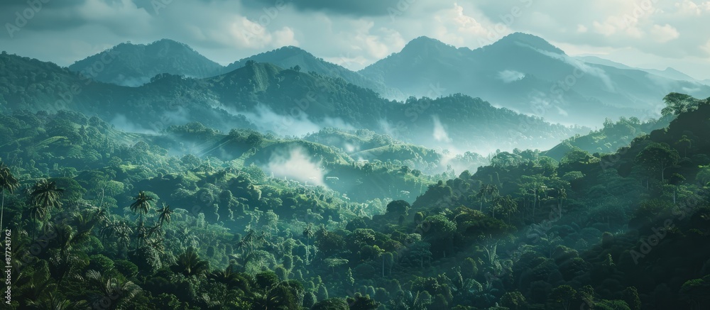 Poster scenic mountain range with lush forests perfect for a copy space image