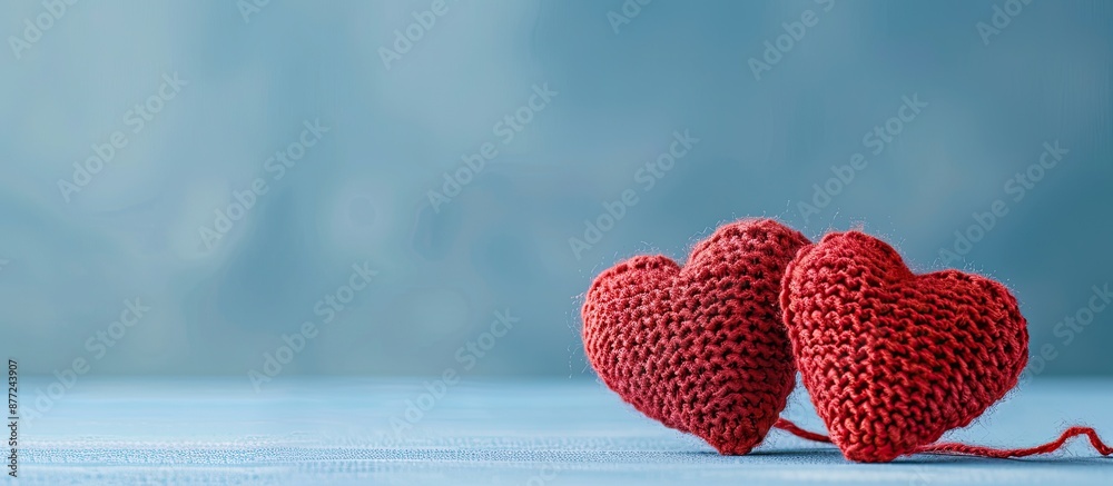 Aufkleber A festive Valentines Day concept with a pair of red knitted hearts set against a blue backdrop ideal for adding text or a design in the copy space image