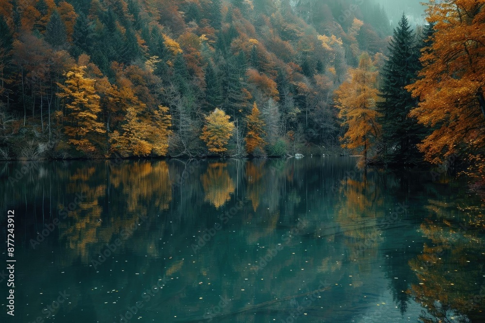 Poster tranquil autumn lake with vibrant colored trees reflecting on the water, surrounded by lush forest i