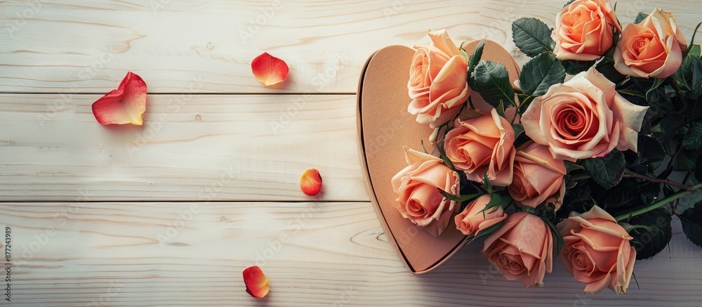 Poster heart shaped box and a bouquet of roses on a light wooden table with copy space image available