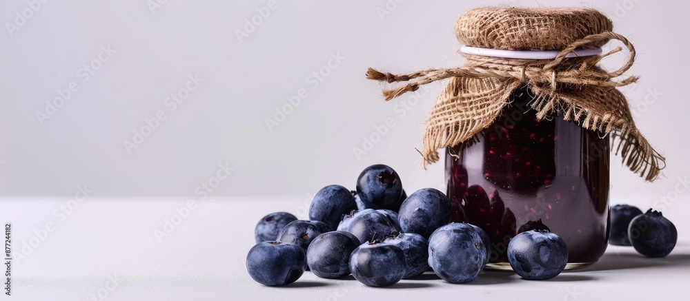 Poster fresh ripe blueberries accompanied by a jar of delicious blueberry jam on a white background with co