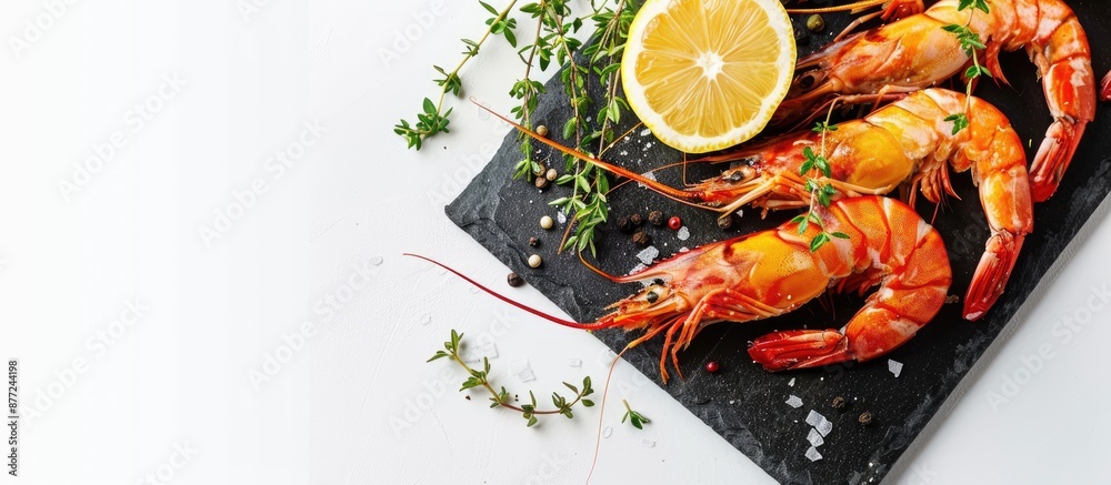 Poster Prawns with lemon and thyme on a black stone board isolated on a white background with copy space image
