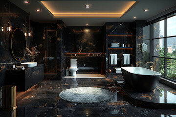 Luxurious interior of bathroom in black coor in modern house.