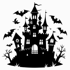 spooky castle with bats vector,Halloween illustration with castle and bats,