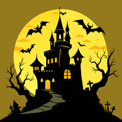 spooky castle with bats vector,Halloween illustration with castle and bats,
