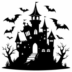 spooky castle with bats vector,Halloween illustration with castle and bats,