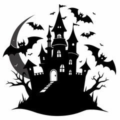 spooky castle with bats vector,Halloween illustration with castle and bats,