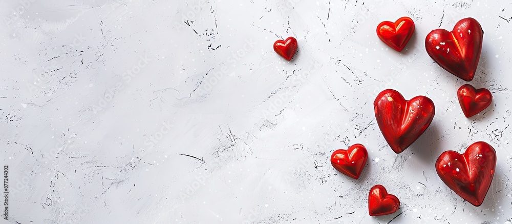 Poster valentine s day romantic flat lay with red hearts on a white background perfect for a copy space ima