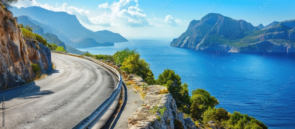 Poster Scenic coastal mountain road with a view of the sea providing a background with ample copy space image