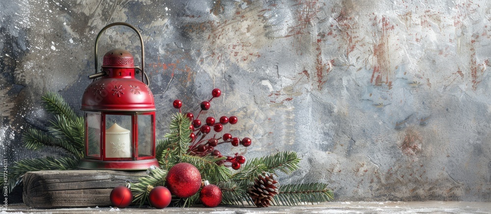 Poster Festive Christmas decor featuring a red lantern bauble and fir tree on a rustic stone table with a textured stone background suitable for copy space image