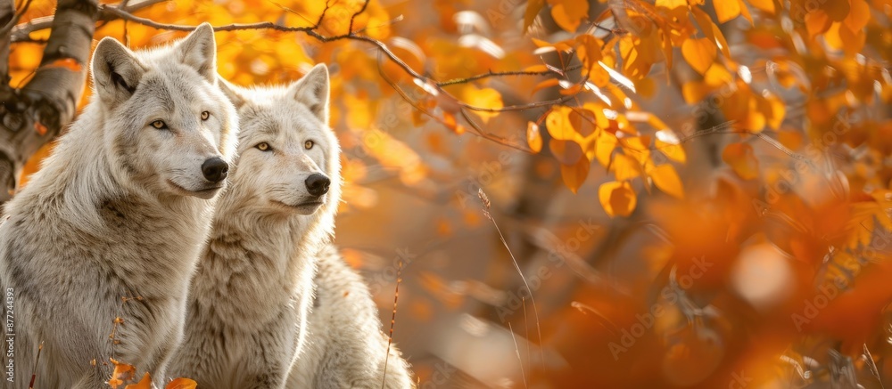 Poster Arctic wolves spotted in an autumn setting with copy space image available