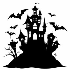 spooky castle with bats vector,Halloween illustration with castle and bats,