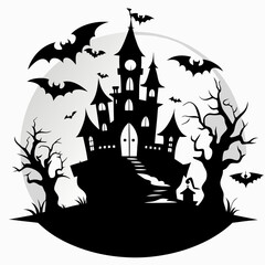 spooky castle with bats vector,Halloween illustration with castle and bats,