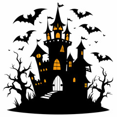 spooky castle with bats vector,Halloween illustration with castle and bats,
