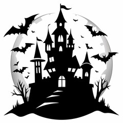 spooky castle with bats vector,Halloween illustration with castle and bats,