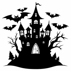 spooky castle with bats vector,Halloween illustration with castle and bats,