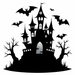 spooky castle with bats vector,Halloween illustration with castle and bats,