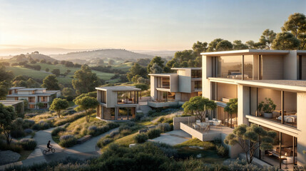 Fototapeta premium Luxurious Residential Villas with Scenic Mountain and Garden Views at Sunset