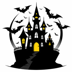 spooky castle with bats vector,Halloween illustration with castle and bats,