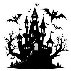 spooky castle with bats vector,Halloween illustration with castle and bats,