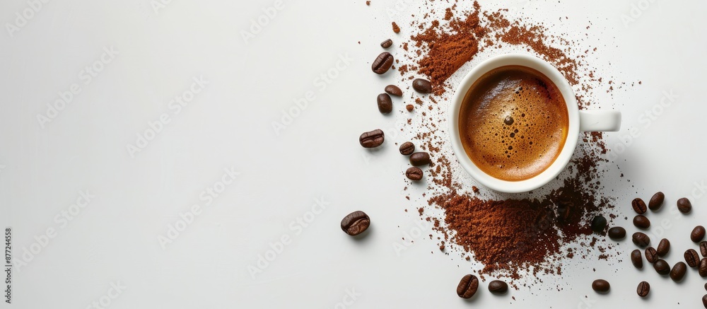 Aufkleber Coffee elements like espresso coffee powder and beans placed around a cup of coffee creating a visually appealing copy space image against a white background