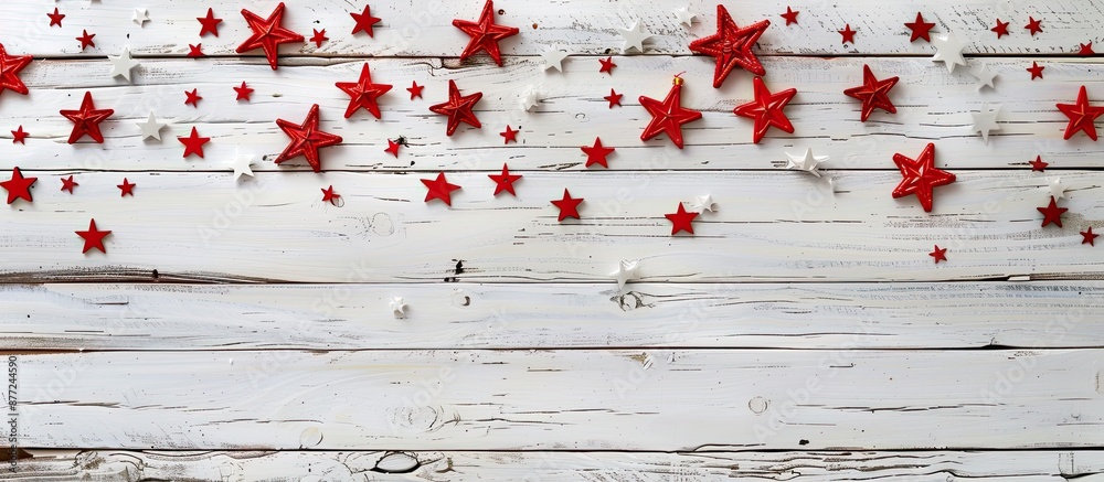 Poster white wooden background adorned with red stars in a festive christmas frame new year backdrop featur