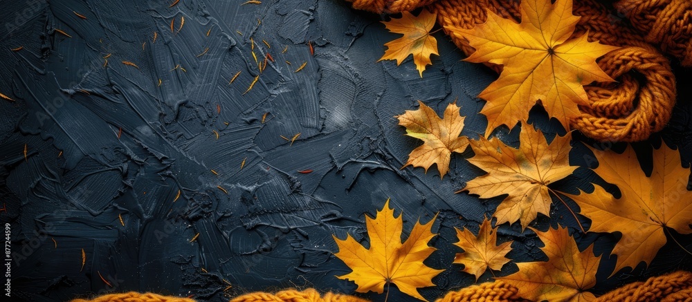 Poster autumn leaves on a dark backdrop with yellow knitting ideal for a copy space image