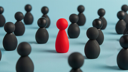 Obraz premium Red wooden figure of leader among the wood pawns on light blue background