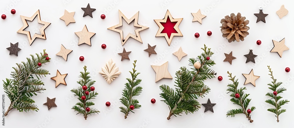 Aufkleber festive wooden christmas decorations and stars arranged on a white background capturing the essence 