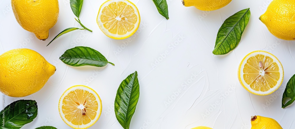 Aufkleber Top view of whole and halved lemons with leaves on a white surface with a clear area suitable for a picture copy space image