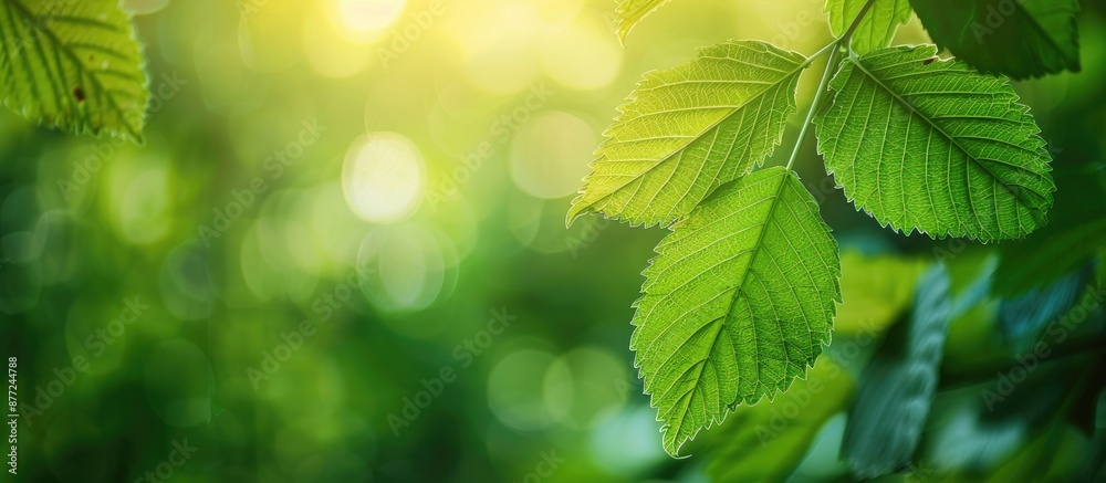 Poster Lush green leaf against a blurred garden backdrop with copy space image for an eco friendly and fresh wallpaper concept