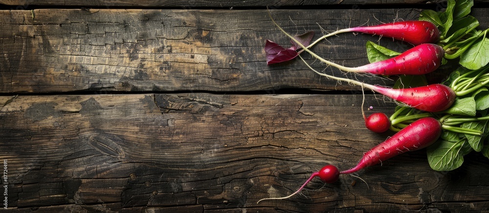 Poster horse radish arranged on a rustic wooden table with copy space image