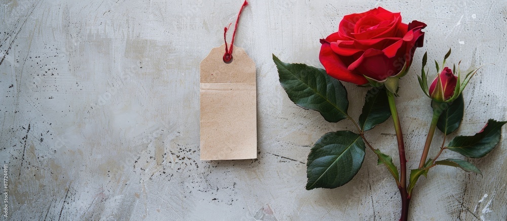 Poster Rose with a tag on a blank backdrop for text as a copy space image