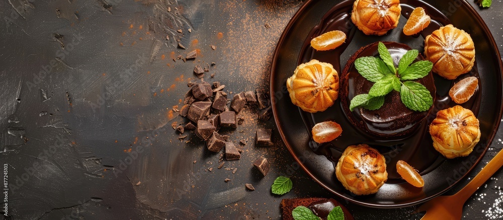 Leinwandbilder creamy chocolate cake with profiterole and candied oranges seen from above a classic dessert with a 
