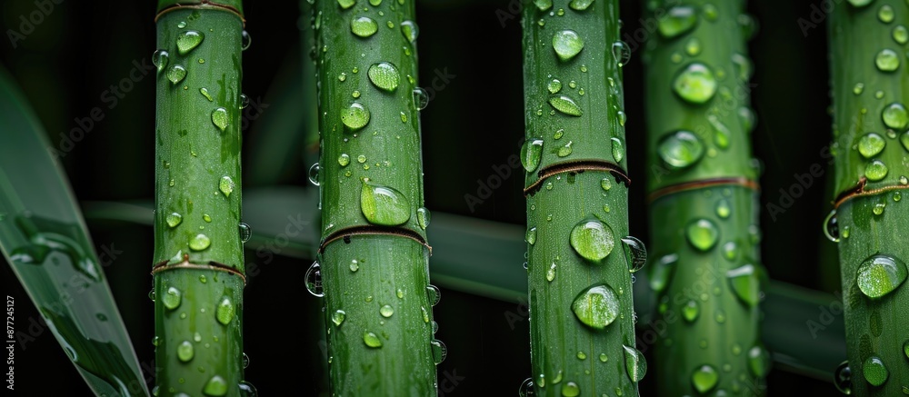 Poster close up view of water droplets on green bamboo stems against a black backdrop suitable for a text o