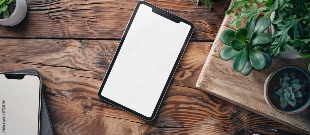 Poster White screen on a working table with copy space image for a tablet and smartphone